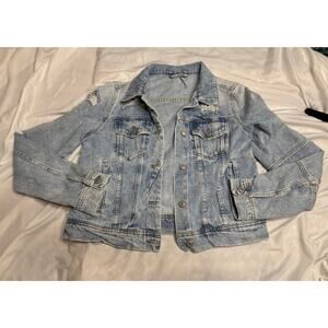 Free People Cropped Distressed Denim Jacket Light Wash SZ S